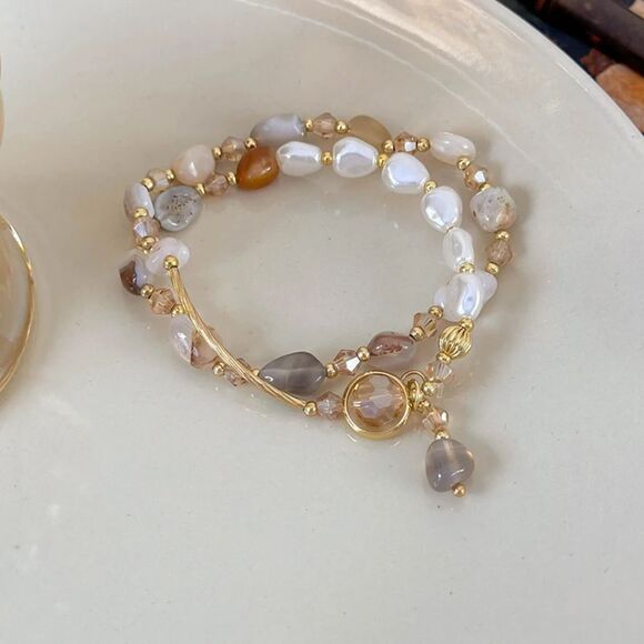 Gemstone & Freshwater Pearl Beaded Charm Bracelet Vintage Elegant Layered Style - Picture 2 of 8